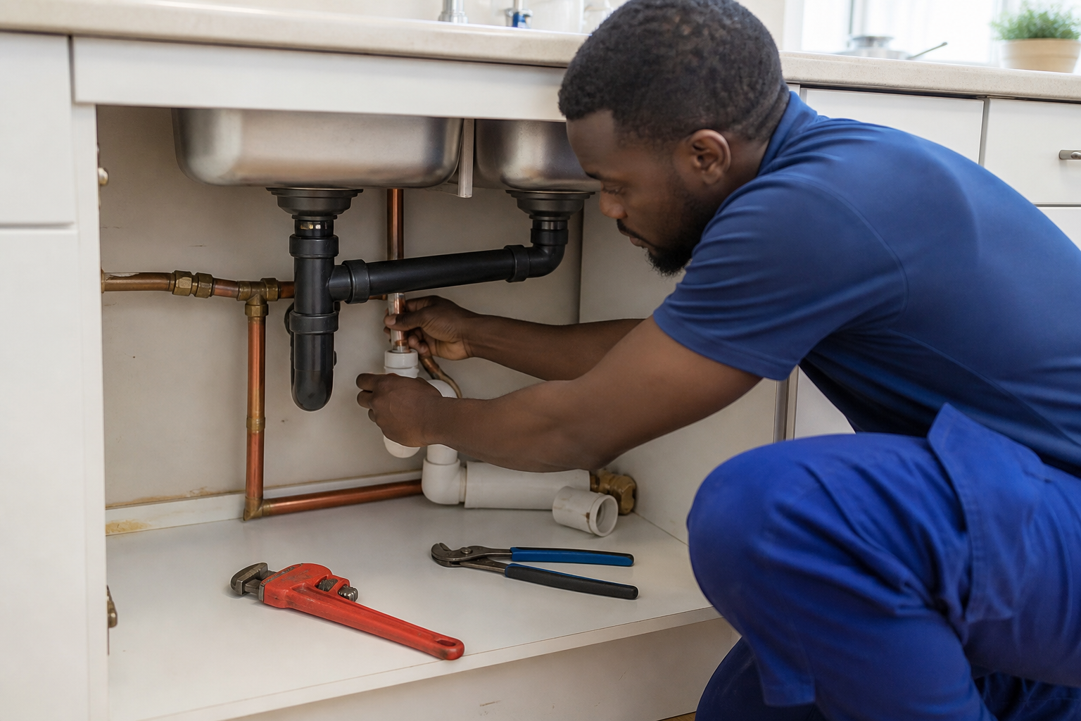 Plumber repairing pipework